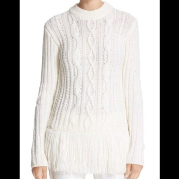 Tory Burch Ivory Valero Fringe Hem Cable Knit Merino Blend Sweater - S/P - Picture 1 of 13